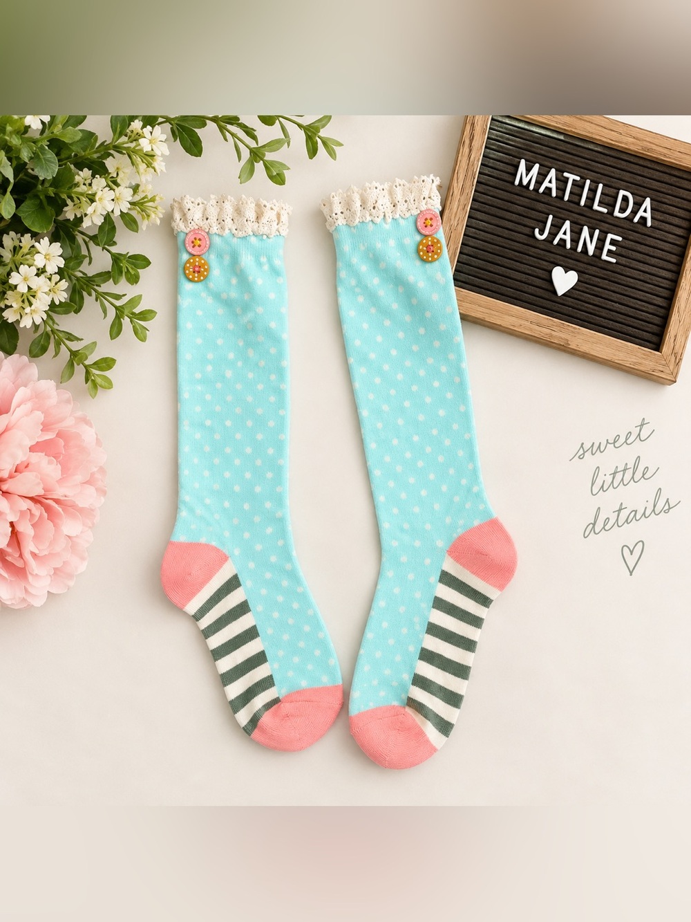 Matilda Jane Girls Knee High Socks Size 4-6 Aqua Polka Dot Lace Button